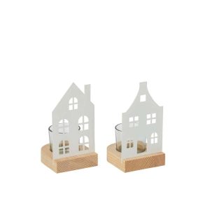 TEALIGHT HOLDER HOUSE IRON WHITE SMALL ASSORTMENT OF 2