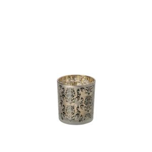 TEALIGHT HOLDER FLOWERS GLASS KHAKI GREEN/GOLD SMALL