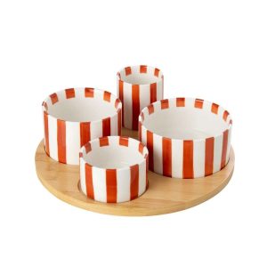 APPETIZER SET STRIPED STONEWARE COGNAC/WHITE