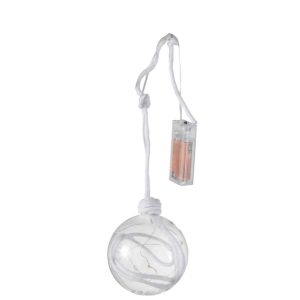 CHRISTMAS BAUBLE BALL+ROPE+LED GLASS CLEAR WHITE MEDIUM