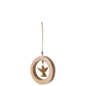 HANGER ANGEL IN RING MANGO WOOD NATURAL/GOLD SMALL