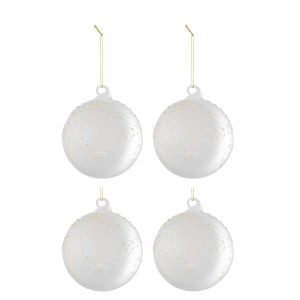 BOX OF 4 CHRISTMAS BAUBLE LEAVES GLASS FROSTED WHITE/GOLD