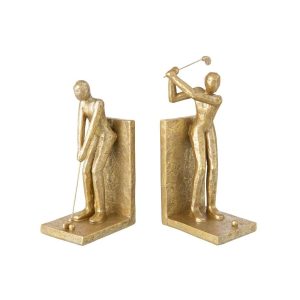 SET OF 2 BOOKEND GOLFER RESIN GOLD