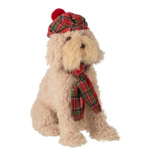 DOG + BERET + SCARF FABRIC BEIGE/CHRISTMAS RED