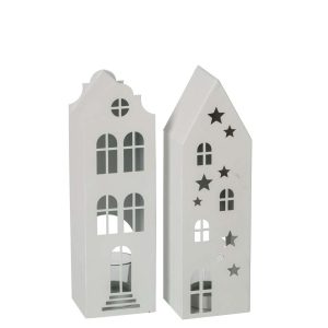TEALIGHT HOLDER HOUSE IRON WHITE ASSORTMENT OF 2
