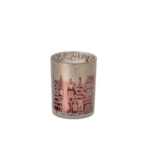 TEALIGHT HOLDER GLASS CHRISTMAS RED/GREY MEDIUM