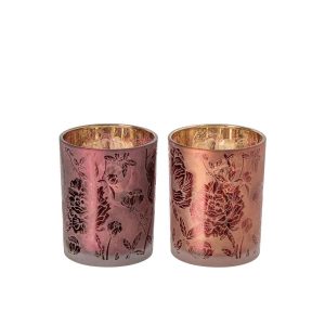 TEALIGHT HOLDER FLOWERS GLASS BURGUNDY/CORAL RED MEDIUM ASSORTMENT OF 2