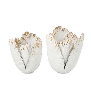 SET OF 2 TEALIGHT HOLDER TULIP FLOWERS IRON WHITE/GOLD LARGE