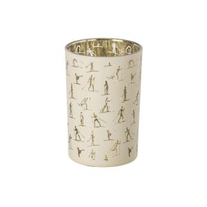 CANDLE HOLDER SKIERS GLASS ECRU/GOLD LARGE