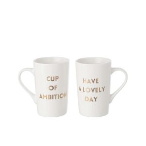 BOX OF 1 MUG MOTIVATIONAL QUOTES PORCELAIN WHITE/GOLD ASSORTMENT OF 2