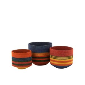 SET OF 3 BASKET ROUND WITH SMALL BASE+STRIPES SEAGRASS MIX