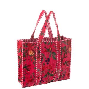 TOTE BAG BIRDS/FLOWERS COTTON VELVET PINK