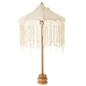 PARASOL ON FOOT LONG FRINGES WOOD/TUMANGGAL WHITE