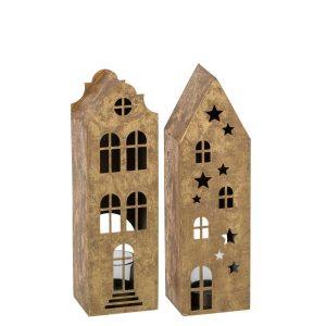 TEALIGHT HOLDER HOUSE IRON GOLD ASSORTMENT OF 2
