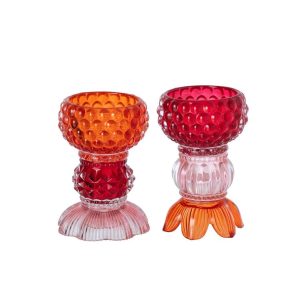 CANDLE HOLDER ROUND BASE GLASS RED/ORANGE ASSORTMENT OF 2