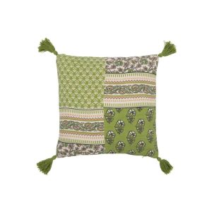 CUSHION FLOWERS+TASSELS COTTON GREEN