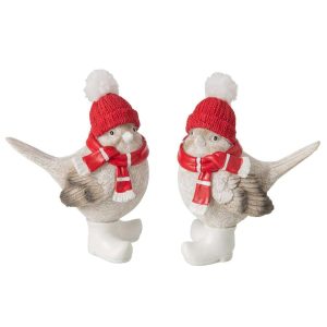 BIRD SCARF + HAT POLYRESIN CHRISTMAS RED/GREY LARGE ASSORTMENT OF 2