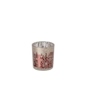 TEALIGHT HOLDER GLASS CHRISTMAS RED/GREY SMALL