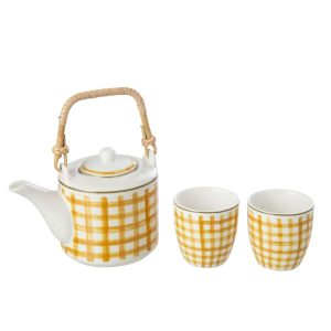 TEAPOT + CUPS STONEWARE MUSTARD YELLOW