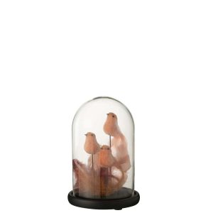 BELL JAR 3 BIRDS+FEATHERS GLASS PINK/BORDEAUX