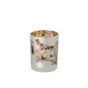 TEALIGHT HOLDER SKIING SCENE GLASS WHITE/BROWN MEDIUM