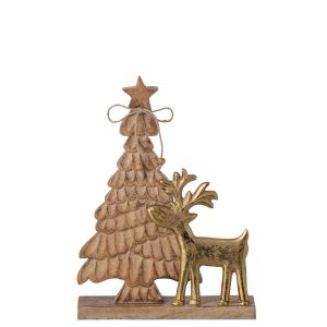 CHRISTMAS TREE + REINDEER MANGO WOOD NATURAL/GOLD