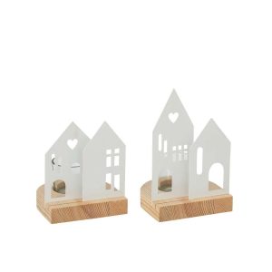 TEALIGHT HOLDER HOUSE IRON WHITE MEDIUM ASSORTMENT OF 2