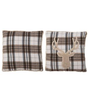 CUSHION CHECKERED + REINDEER POLYESTER BEIGE/DARK BROWN ASSORTMENT OF 2