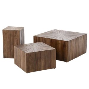 SET OF 3 COFFEE TABLE RAY CUBE RECYCLED WOOD DARK BROWN