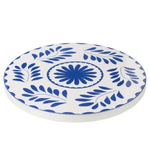TRAY TURNING ROUND FLORAL PATTERN MANGO WOOD BLUE/WHITE