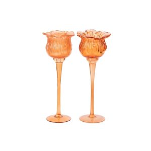 TEALIGHT HOLDER ON BASE TULIP GLASS ORANGE LARGE ASSORTMENT OF 2