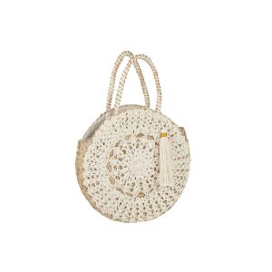 BEACH BAG ROUND+TASSEL SEAGRASS/LACE NATURAL/WHITE