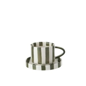 COFFEE CUP + SAUCER STRIPED STONEWARE OLIVE/WHITE