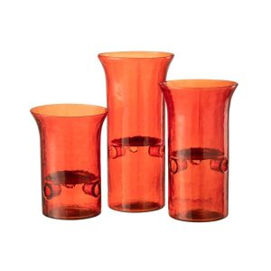 SET OF 3 CANDLEHOLDER PLATE GLASS/METAL RED