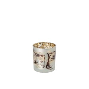 TEALIGHT HOLDER SKIING SCENE GLASS WHITE/BROWN SMALL