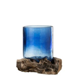VASE/BASE FELIX WOOD/GLASS BLUE LARGE