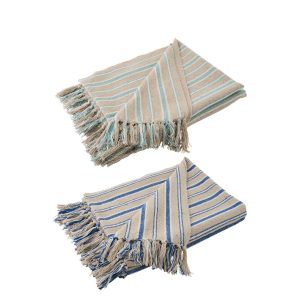 THROW STRIPED COTTON GREIGE/BLUE ASSORTMENT OF 2
