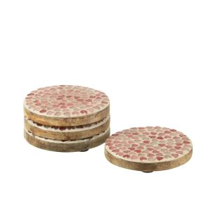 SET OF 4 COASTER HEART MOSAIC MANGO WOOD PINK