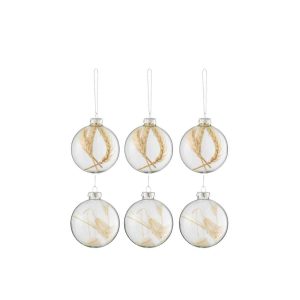 BOX OF 6 CHRISTMAS BAUBLES 3+3 DRIED BRANCHES BEIGE GLASS TRANSPARENT SMALL