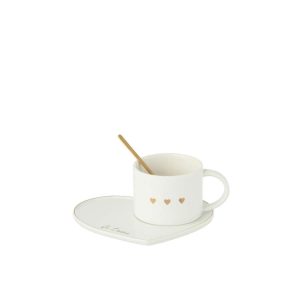 MUG+SAUCER+SPOON 3HEART CERAMIC WHITE/GOLD