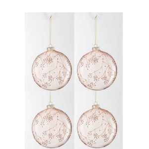 BOX OF 4 CHRISTMAS BAUBLE BRANCHES GLASS LIGHT PINK LARGE