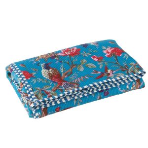 PLAID BIRDS/FLOWERS COTTON VELVET BLUE