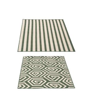 RUG OUTDOOR STRIPES + SPIRALS POLYPROPYLENE DARK GREEN/WHITE ASSORTMENT OF 2