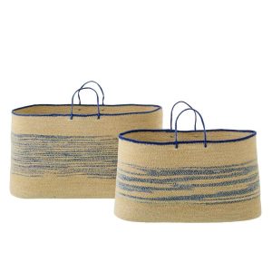 SET OF 2 BASKET WITH HANDLE STRIPED SEAGRASS NATURAL/BLUE