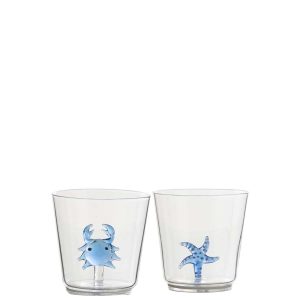 DRINKING GLASS STARFISH/CRAB GLASS BLUE/TRANSPARENT ASSORTMENT OF 2