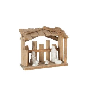 NATIVITY SCENE FLAT ROOF WOOD/CERAMIC NATURAL/WHITE