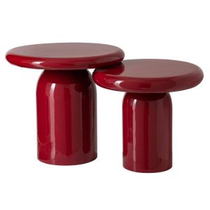 SET OF 2 SIDE TABLE LACQUERED ROUND METAL RED
