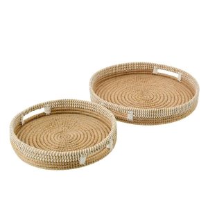 SET OF 2 DECORATIVE TRAY STRAW NATURAL/WHITE