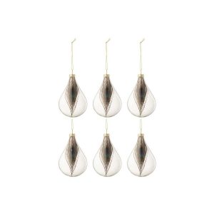 BOX OF 6 CHRISTMAS BAUBLES DROP PEACOCK FEATHER GLASS TRANSPARENT SMALL