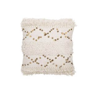 CUSHION TUFTED FRINGES COTTON/SEQUIN WHITE/GOLD